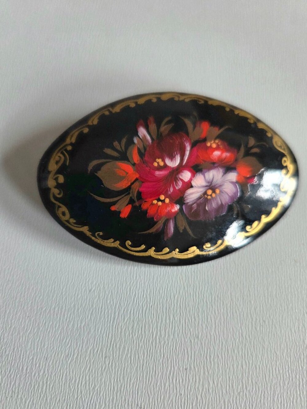 Russian Hand Painted Lacquered Oval Floral Design Brooch Signed by Artist.